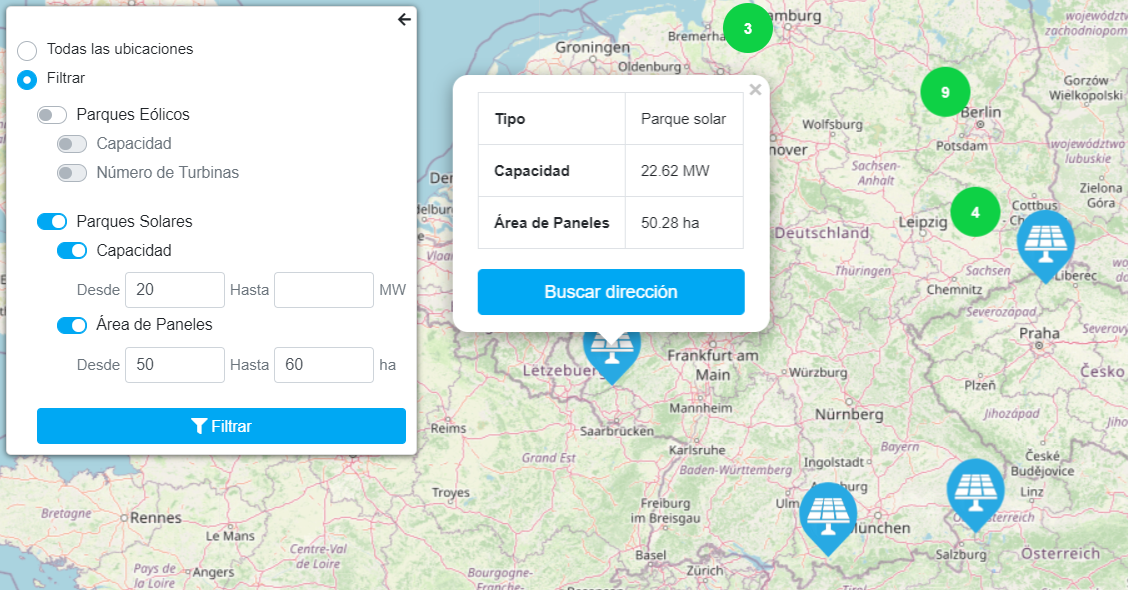 Filtrar parques solares por capacidad y área de los paneles 